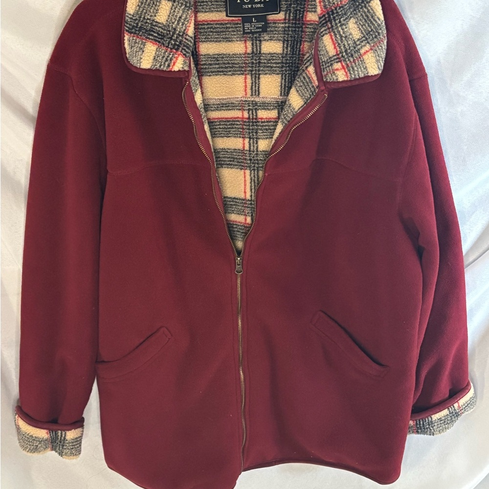 New York & Company Burgundy Utility Jacket with Plaid Lining